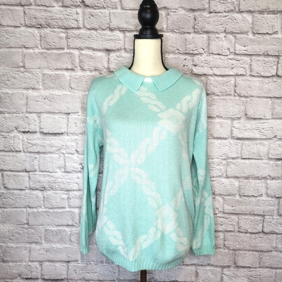 Domani Vintage Sweater Aqua White Grannycore Kawaii Collared Braid Pattern - Picture 2 of 8
